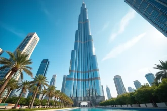 Vue en contre-plongée de la tour Almas Tower à Jumeirah Lakes Towers, Dubaï, avec les bâtiments environnants et le ciel bleu