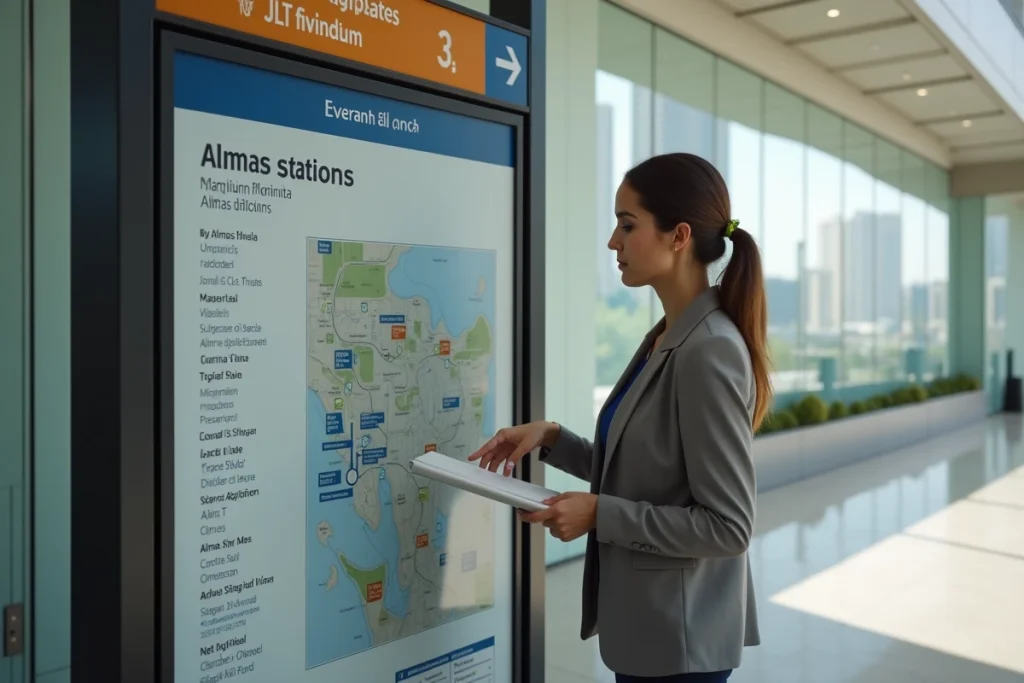 Femme d'affaires consultant un plan de localisation de la tour Almas Tower près de la station de métro Jumeirah Lakes Towers à Dubaï