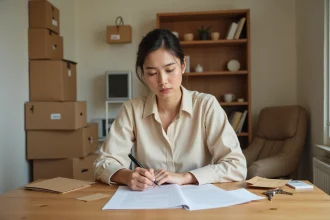 Femme locataire révisant un contrat de location meublée avant restitution de caution