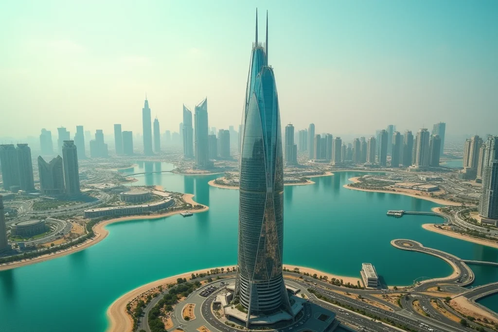 Vue aérienne depuis un immeuble voisin montrant la position exacte d'Almas Tower au sein du quartier Jumeirah Lakes Towers et de la DMCC Free Zone