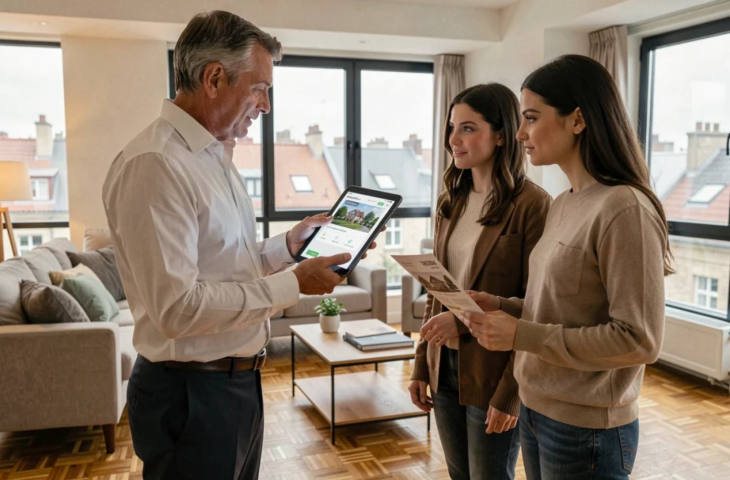 Agent immobilier présentant une estimation de bien à un couple dans un appartement