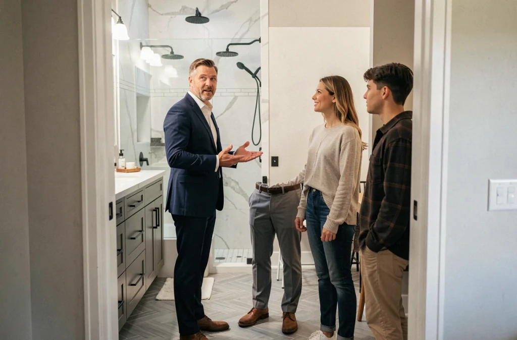 Agent immobilier présentant une salle de bain rénovée à des acheteurs potentiels lors d'une visite d'appartement