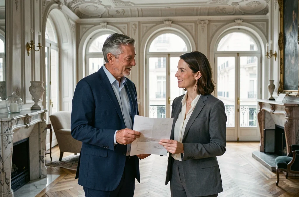 Deux agents immobiliers spécialisés discutant de l'estimation d'un appartement haussmannien d'exception