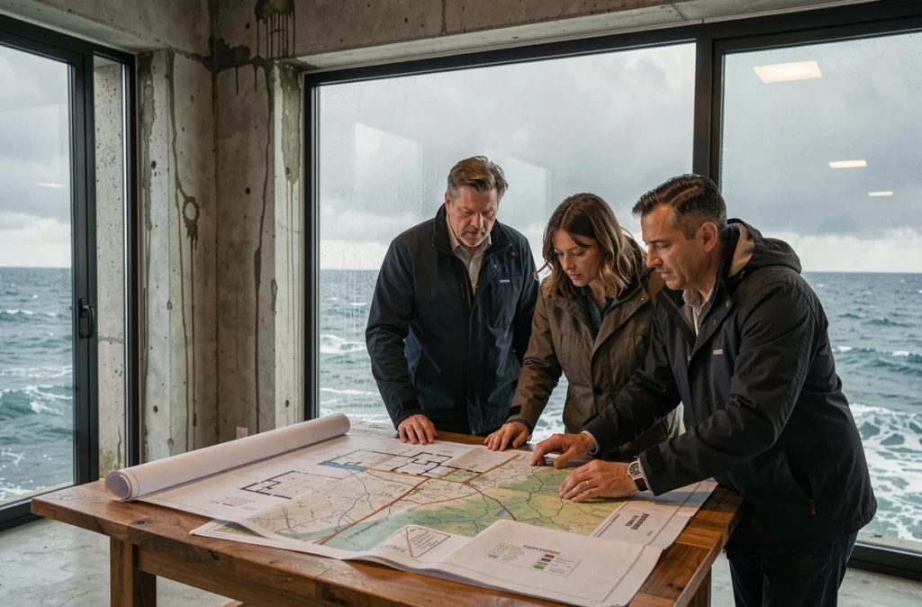 Agents immobiliers et acquéreurs analysant les risques climatiques d'une propriété en bord de mer