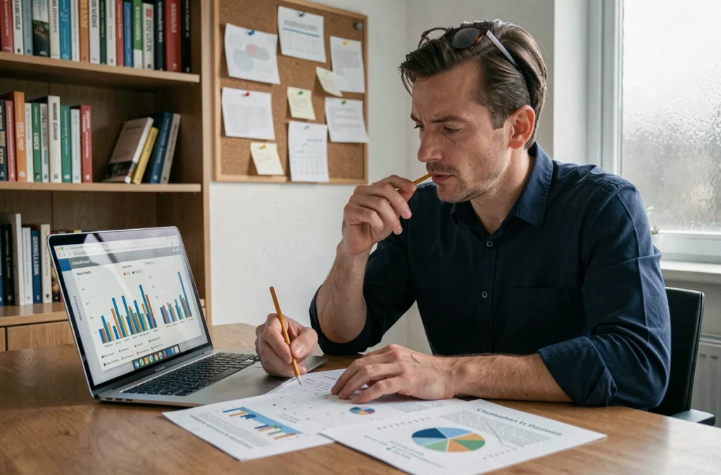 Homme analysant des statistiques de délinquance sur des graphiques imprimés dans un bureau à domicile, approche rationnelle des données criminelles
