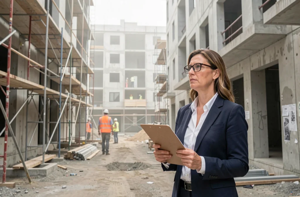 Analyste immobilière inspectant un chantier de construction résidentielle avec des immeubles en cours de construction