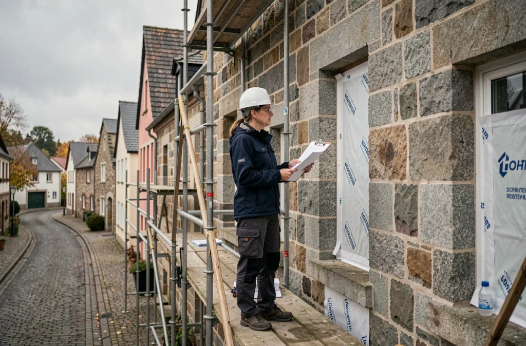 Architecte sur échafaudage inspectant la façade en pierre d'une maison ancienne au Luxembourg pour un projet d'isolation thermique par l'extérieur