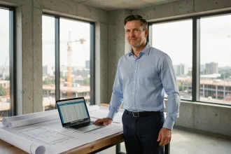 Architecte consultant des données INSEE ICC sur ordinateur dans un bureau avec plans de construction