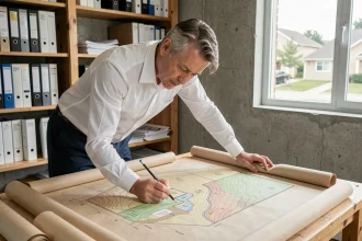 Architecte conseil étudiant un plan de coupe terrain pour une maison individuelle sur table à dessin en studio