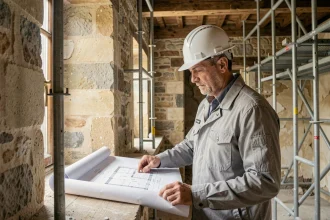 Architecte examinant des plans de rénovation dans un immeuble ancien au Luxembourg avec murs en pierre apparente et échafaudages