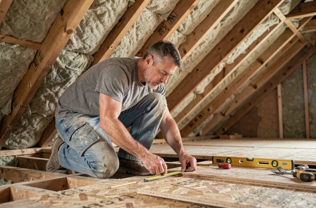 Artisan mesurant le plancher de combles en cours de rénovation avec isolation et charpente apparente