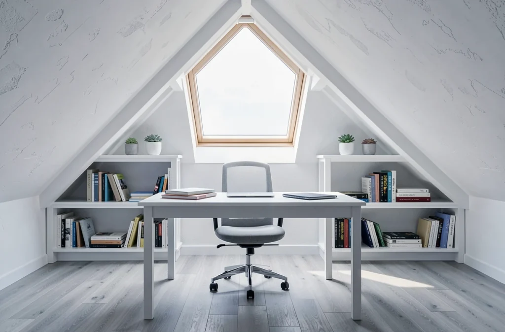 Bureau aménagé sous les combles avec fenêtre de toit, rangements intégrés et atmosphère lumineuse de travail