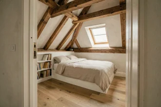 Chambre aménagée dans des combles avec poutres apparentes, lit en bois et fenêtre de toit apportant une vue sur le ciel