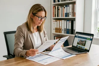 Femme comparant deux estimations immobilières sur son bureau à domicile
