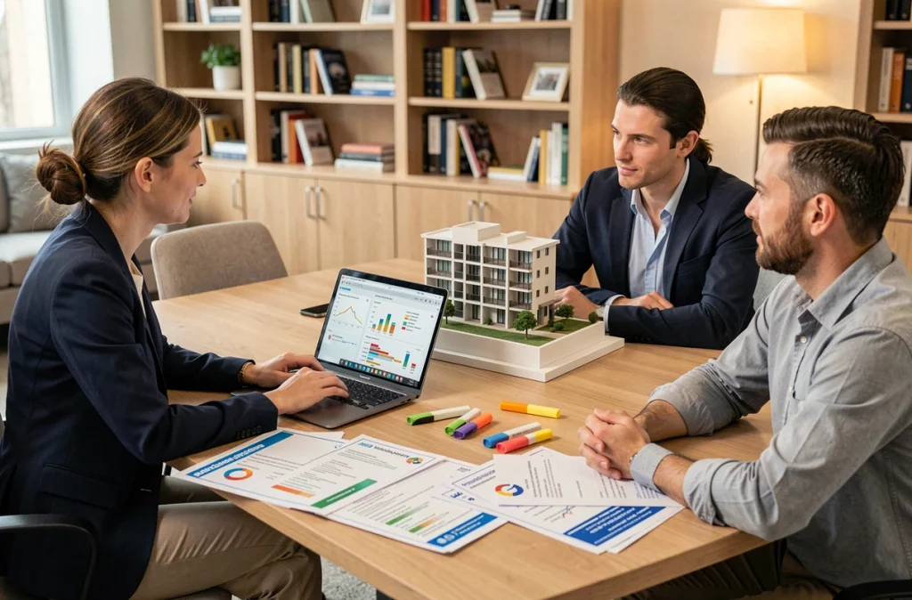Consultante en rénovation énergétique présentant des économies réalisables à des copropriétaires dans une salle de réunion