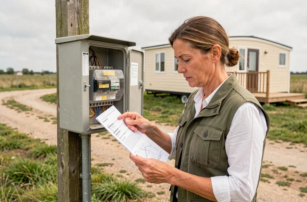 Femme vérifiant le compteur électrique et les documents de viabilisation sur une parcelle de terrain avec mobil-home
