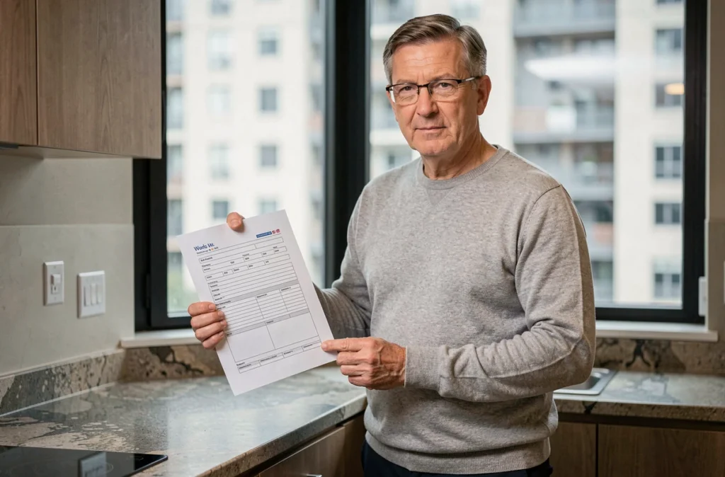 Copropriétaire consultant un modèle simplifié de pré état daté dans son appartement