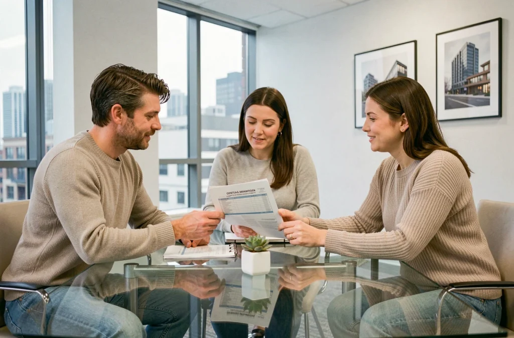 Couple consultant un conseiller financier sur l'optimisation fiscale via le déficit foncier en agence immobilière
