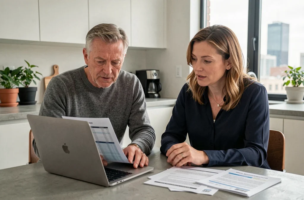 Couple d'investisseurs immobiliers étudiant une optimisation fiscale via une SCI sur ordinateur portable à domicile