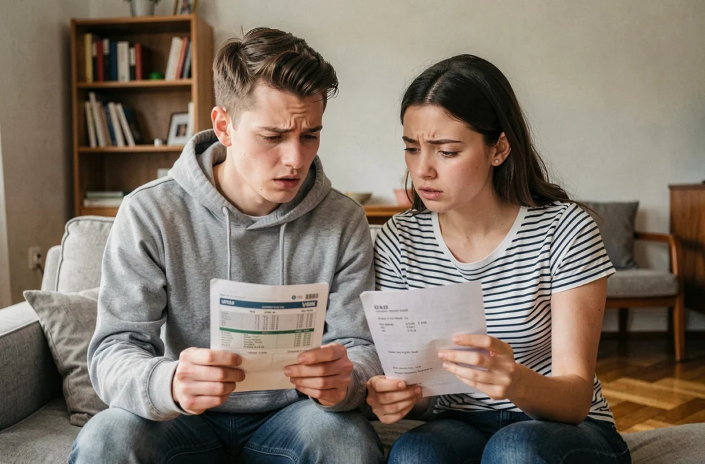 Jeune couple de locataires comparant une facture et un décompte de charges dans leur appartement