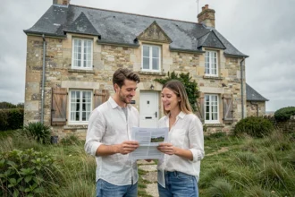 Jeune couple devant une maison normande en pierre à vendre près de la mer, idéale pour un premier achat immobilier en Normandie