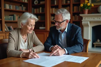 Couple senior examinant des documents patrimoniaux liés à l'usufruit et au démembrement de propriété dans un salon classique français