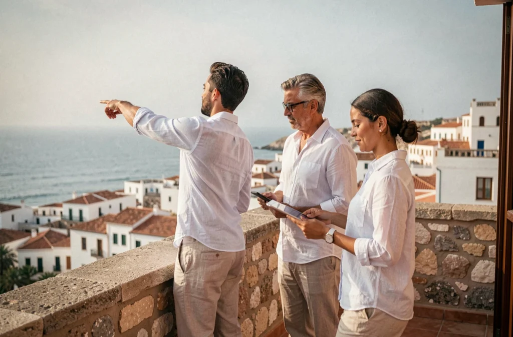 Couple évaluant leur budget sur la terrasse d'une villa avec vue mer à Essaouira pour une location longue durée