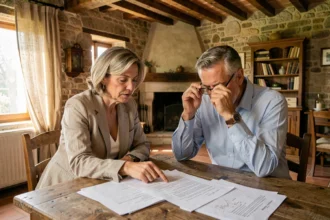 Couple examinant les documents de vente d'une résidence secondaire dans une maison de campagne en pierre