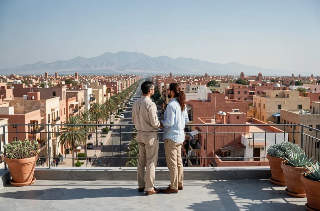 Couple visitant un appartement moderne avec vue panoramique sur le quartier Guéliz de Marrakech lors d'une visite immobilière