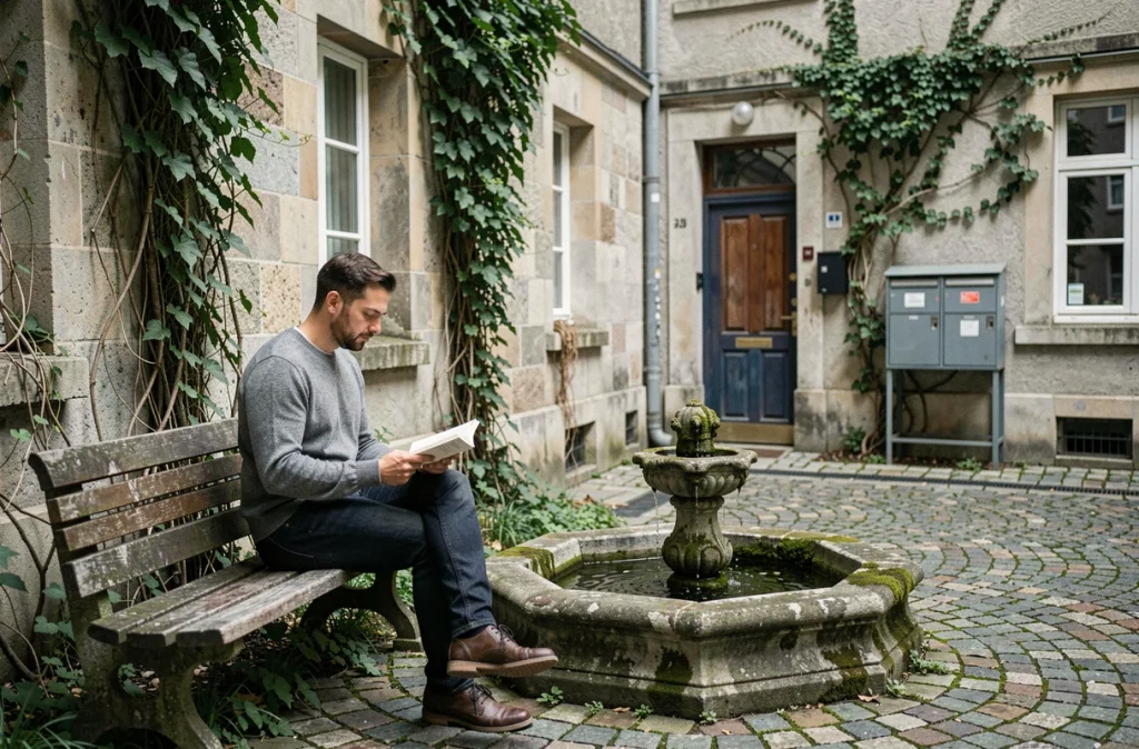 Cour intérieure tranquille d'un immeuble du quartier Île Verte à Grenoble avec homme lisant sur un banc en bois