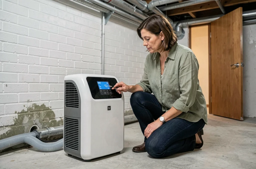 Femme utilisant un déshumidificateur électrique pour traiter l'humidité dans une cave