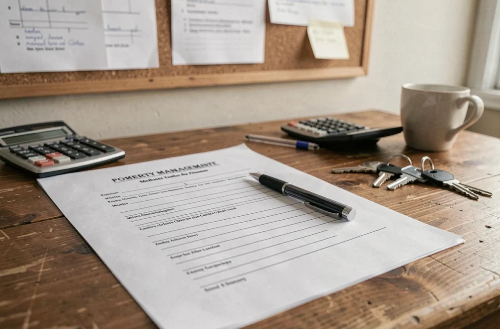 Gros plan sur un modèle de pré état daté vierge posé sur un bureau de syndic de petite copropriété