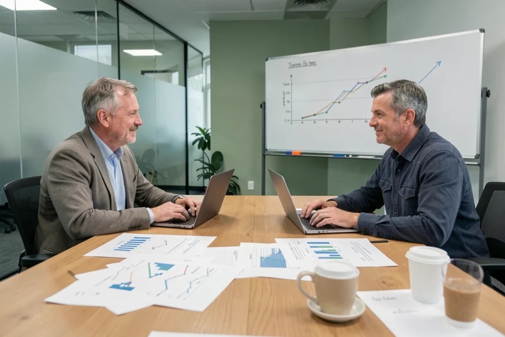 Économistes de la construction analysant les indices ICC de l'INSEE en réunion de travail