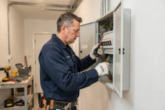 Électricien professionnel installant un tableau électrique moderne dans un couloir de logement rénové