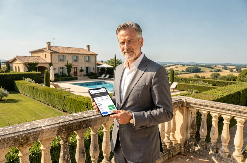 Propriétaire consultant une estimation immobilière en ligne depuis la terrasse d'une villa de luxe en Provence