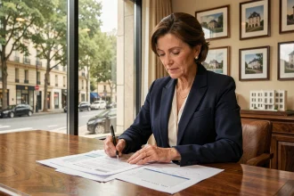Femme élégante consultant une estimation immobilière dans une agence de prestige à Paris