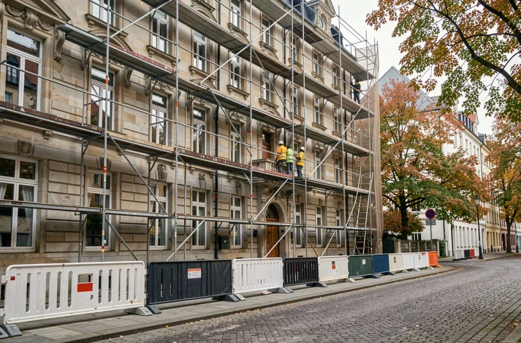 Façade d'un immeuble ancien luxembourgeois en cours de rénovation avec échafaudages sur une rue pavée traditionnelle