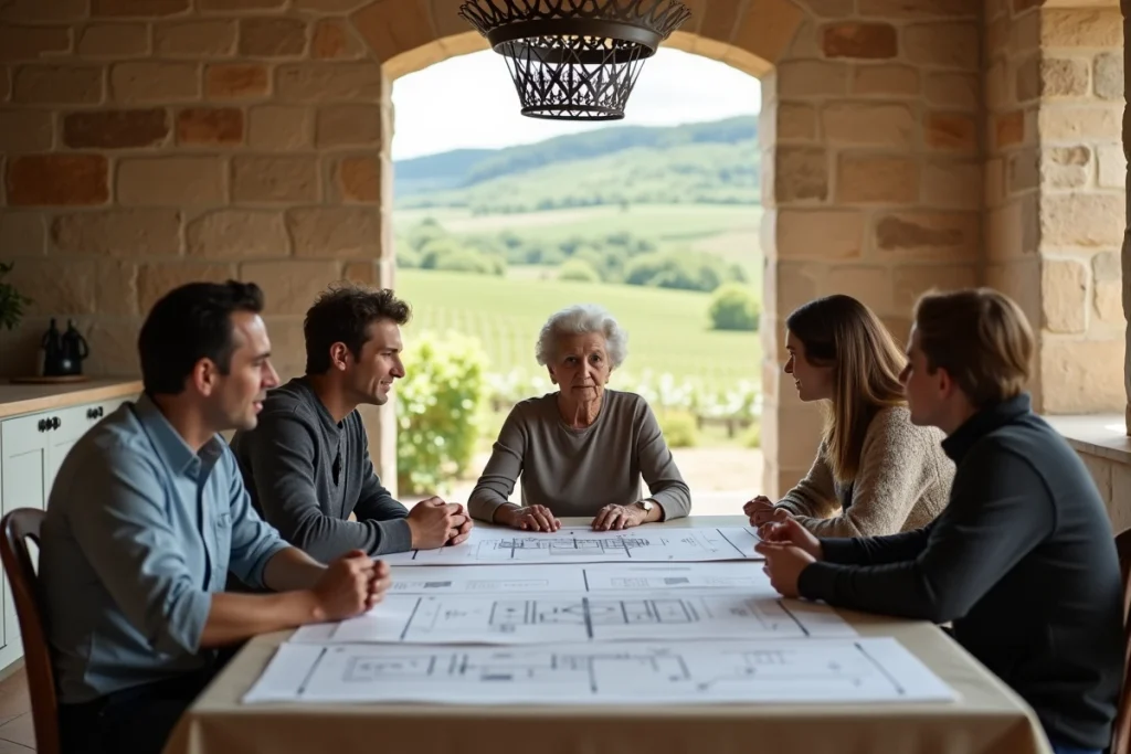 Famille multigénérationnelle discutant d'une stratégie patrimoniale autour d'un plan immobilier dans une ferme provençale rénovée