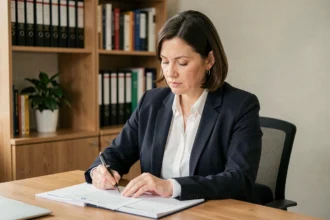 Femme professionnelle révisant un pré état daté vierge en copropriété à son bureau