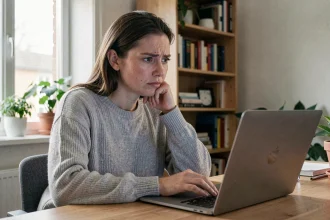 Femme frustrée devant son ordinateur portable essayant de se connecter à son espace personnel MyCitya