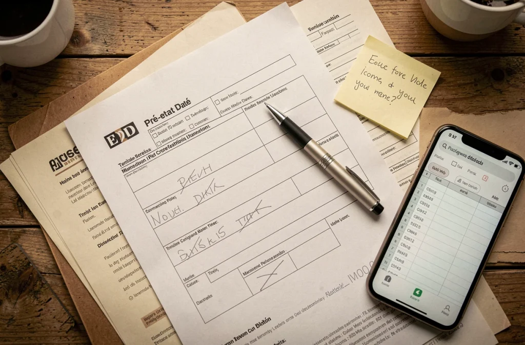 Vue aérienne d'un formulaire de pré-état daté incomplet avec champs vides sur un bureau encombré de documents immobiliers