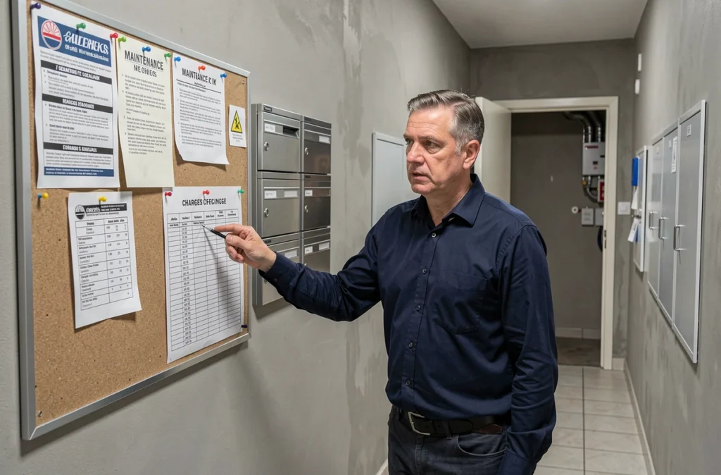 Gestionnaire immobilier présentant les charges locatives affichées dans le couloir d'un immeuble résidentiel