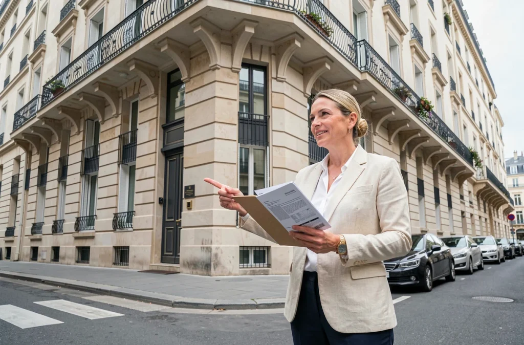 Femme gestionnaire immobilière devant un immeuble haussmannien tenant des documents de SCI pour un investissement locatif