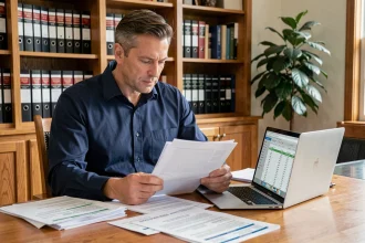 Investisseur immobilier analysant des documents fiscaux liés au déficit foncier à son bureau à domicile