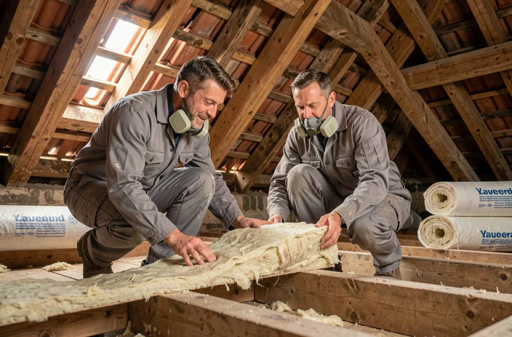 Deux techniciens posant de la laine de verre entre les chevrons d'une toiture dans les combles d'une ancienne maison au Luxembourg