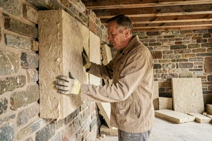 Artisan appliquant des panneaux d'isolation en laine minérale sur un mur en pierre d'une ancienne maison luxembourgeoise lors de travaux de rénovation