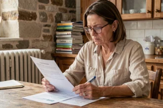 Locataire examinant attentivement un contrat de bail et les charges locatives à sa table de cuisine