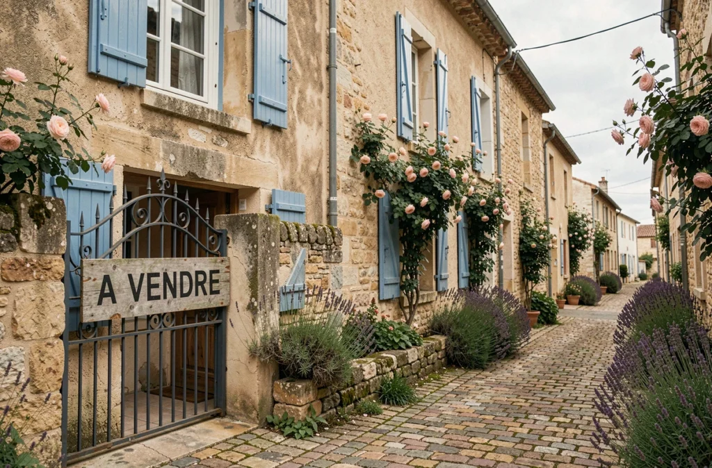 Maison de village provençale avec panneau À Vendre illustrant la vente d'une résidence secondaire