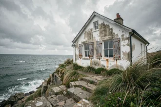 Maison vue mer sur falaise rocheuse exposée aux risques climatiques côtiers avec façade érodée par le sel