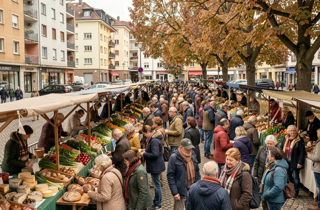 Marché animé en plein air dans le quartier Île Verte de Grenoble avec étals de produits locaux et habitants